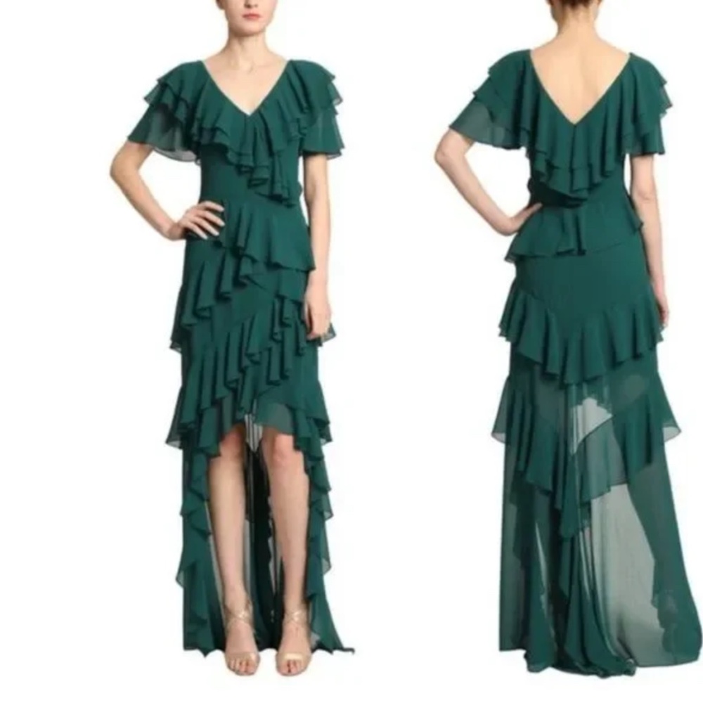 Badgley Mischka Georgette Cascading Emerald Ruffle Gown, High-low Hem, Size 10